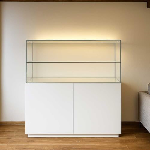 Kunstvitrine Glas 125x47x36 cm – Made in Germany – Glasvitrine handgemacht mit einem Glasboden, Schiebetür und Schloss – Verkaufstheke für Schmuck, Kunst & Schuhe – Verkaufsvitrine