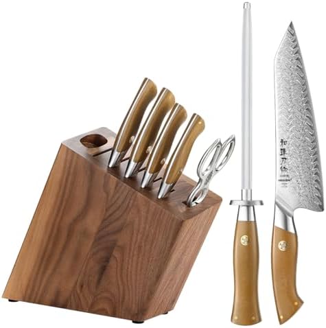 HEZHEN Messerblockset 8-Teilig, Damast Küchenmesser Set Kochmesser Santoku, Küchenschere aus Edelstahl，Wetzstab aus Hartstahl，Messerhalter aus Holz