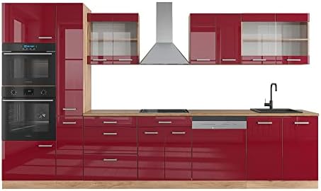Vicco Kitchen Unit R-Line Oak Kitchen Furniture (Oak/Bordeaux High Gloss, 350 cm)