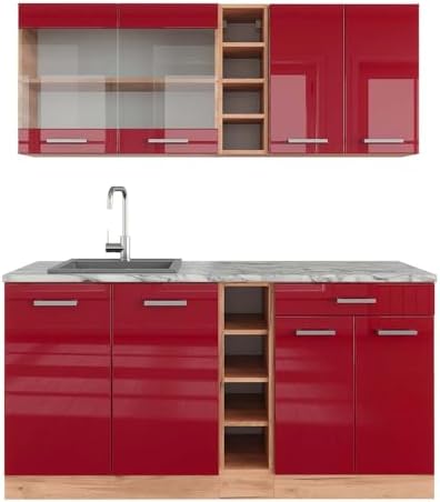 Vicco Singleküche R-Line, Rot Hochglanz/Goldkraft Eiche, 160 cm, AP Marmor